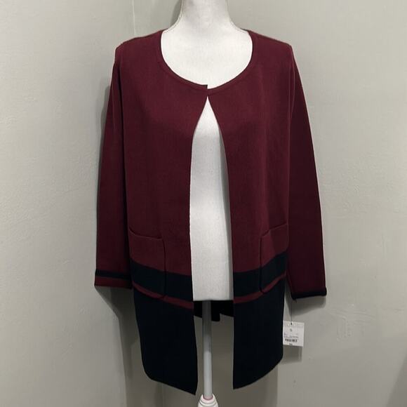 Liz Claiborne Color block Black & Maroon Open Front Sweater NWT - Picture 1 of 10